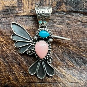 Sterling Silver Southwestern Hummingbird Pendant Turquoise Queen Conch Handmade